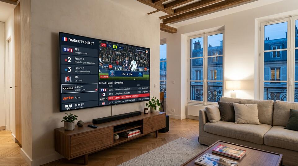 Interface IPTV France TV 4K sur Smart TV avec catalogue de chaînes françaises en direct