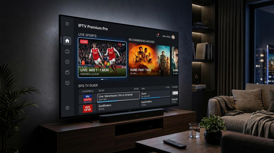 Interface IPTV Premium Pro sur Smart TV 4K avec catalogue de chaînes et VOD en direct