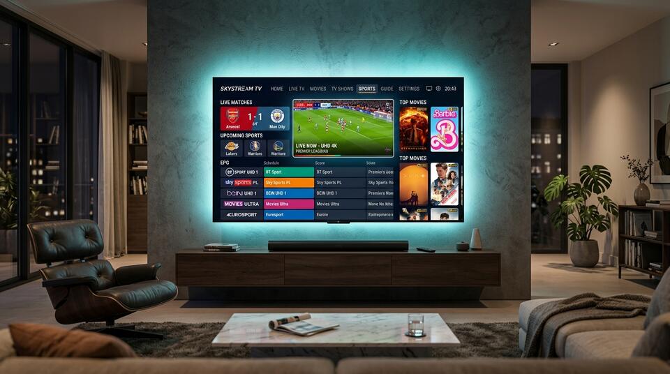 Interface VIP IPTV Club sur Smart TV 4K avec catalogue de chaînes et guide EPG en direct